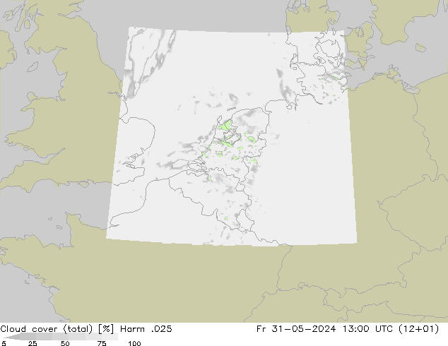 Cloud cover (total) Harm .025 Fr 31.05.2024 13 UTC