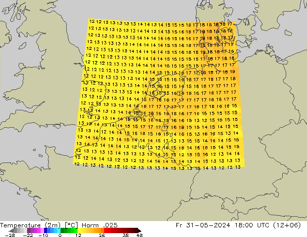 Temperatura (2m) Harm .025 ven 31.05.2024 18 UTC