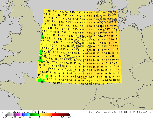 Temperatura (2m) Harm .025 dom 02.06.2024 00 UTC