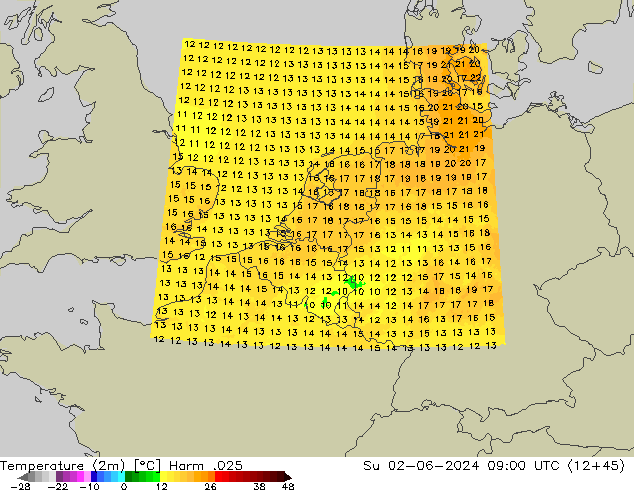 Temperatura (2m) Harm .025 Dom 02.06.2024 09 UTC