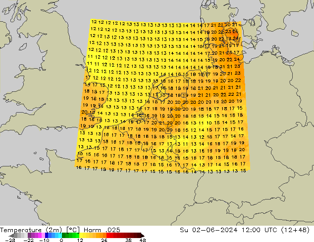 mapa temperatury (2m) Harm .025 nie. 02.06.2024 12 UTC