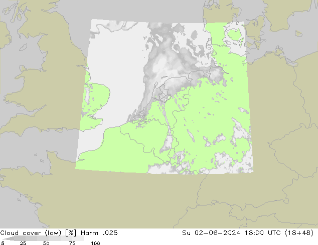 Cloud cover (low) Harm .025 Su 02.06.2024 18 UTC