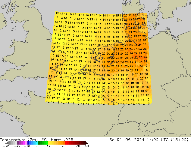 Temperatura (2m) Harm .025 sáb 01.06.2024 14 UTC