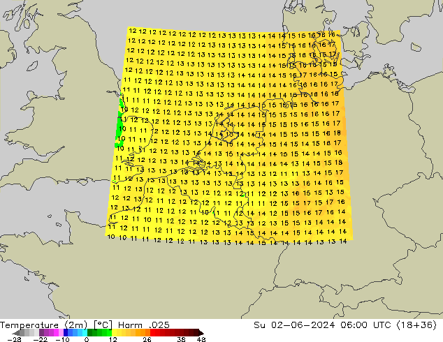 Temperatura (2m) Harm .025 dom 02.06.2024 06 UTC