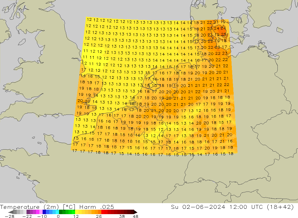 Temperature (2m) Harm .025 Su 02.06.2024 12 UTC