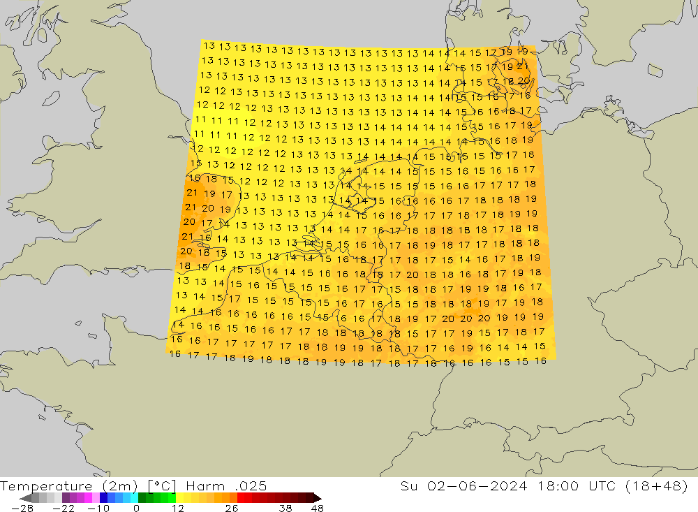 Temperatuurkaart (2m) Harm .025 zo 02.06.2024 18 UTC