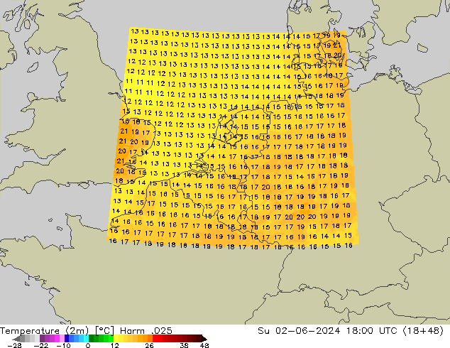 Temperatuurkaart (2m) Harm .025 zo 02.06.2024 18 UTC