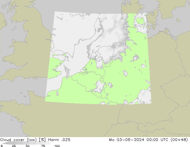 Cloud cover (low) Harm .025 Mo 03.06.2024 00 UTC