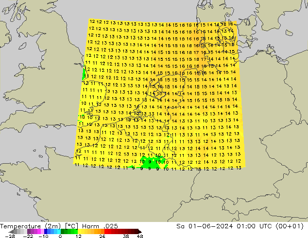 mapa temperatury (2m) Harm .025 so. 01.06.2024 01 UTC