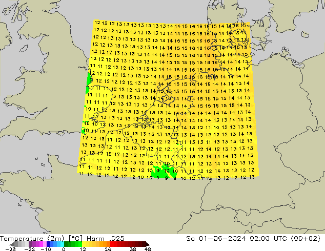 Temperatura (2m) Harm .025 sáb 01.06.2024 02 UTC