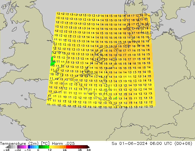 Temperaturkarte (2m) Harm .025 Sa 01.06.2024 06 UTC