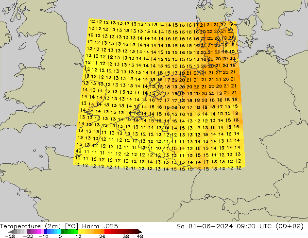 Temperaturkarte (2m) Harm .025 Sa 01.06.2024 09 UTC