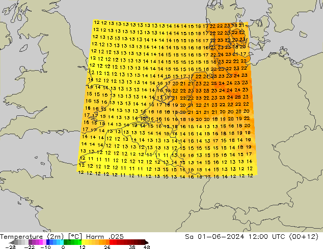 mapa temperatury (2m) Harm .025 so. 01.06.2024 12 UTC