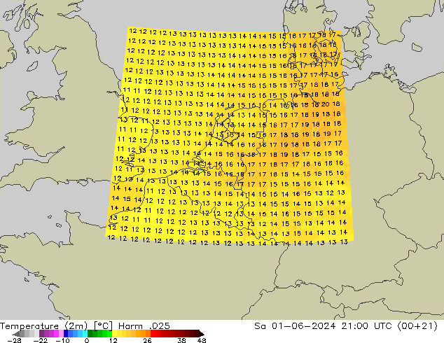 Temperaturkarte (2m) Harm .025 Sa 01.06.2024 21 UTC