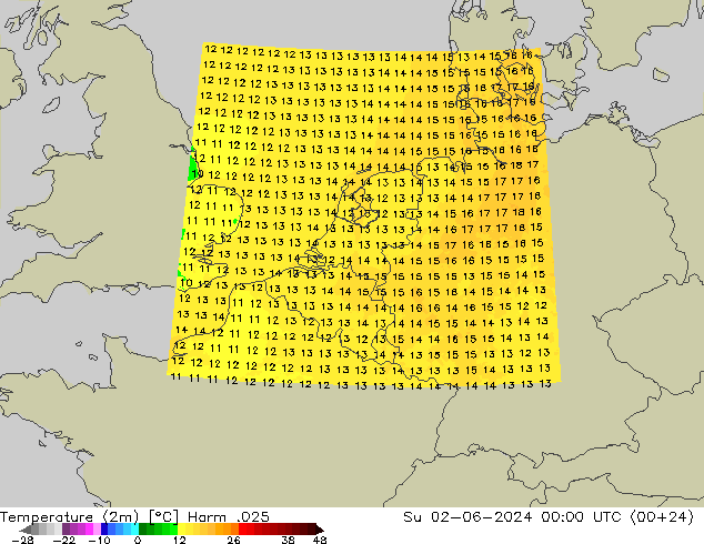 Temperatura (2m) Harm .025 dom 02.06.2024 00 UTC