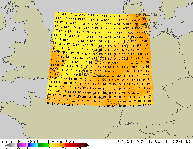 Temperaturkarte (2m) Harm .025 So 02.06.2024 15 UTC