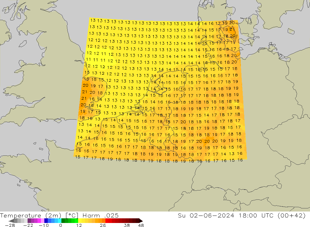 mapa temperatury (2m) Harm .025 nie. 02.06.2024 18 UTC