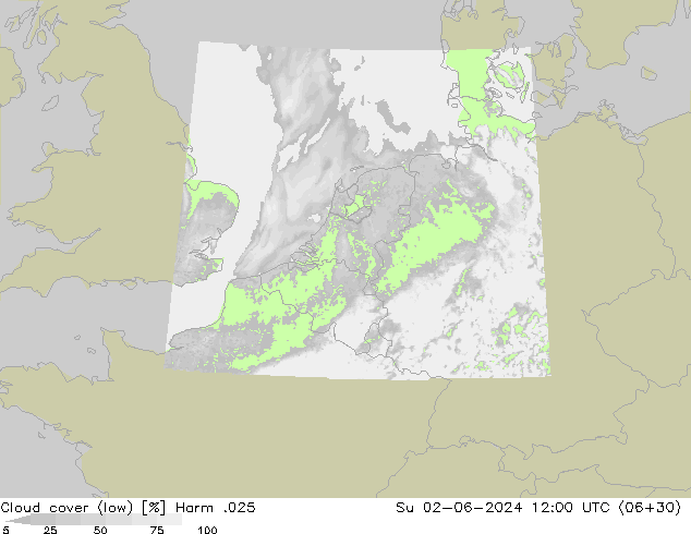 Cloud cover (low) Harm .025 Su 02.06.2024 12 UTC