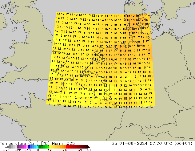 Temperaturkarte (2m) Harm .025 Sa 01.06.2024 07 UTC