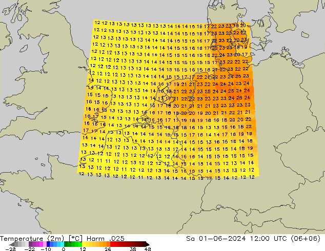 Temperaturkarte (2m) Harm .025 Sa 01.06.2024 12 UTC