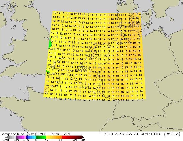 Temperature (2m) Harm .025 Su 02.06.2024 00 UTC