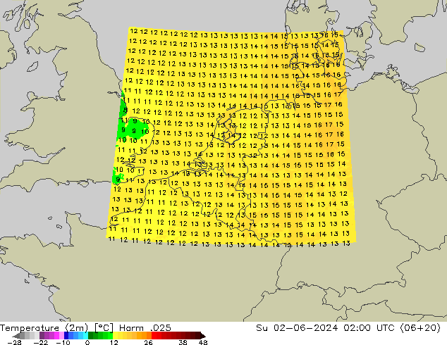mapa temperatury (2m) Harm .025 nie. 02.06.2024 02 UTC