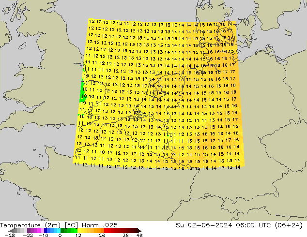 Temperatuurkaart (2m) Harm .025 zo 02.06.2024 06 UTC