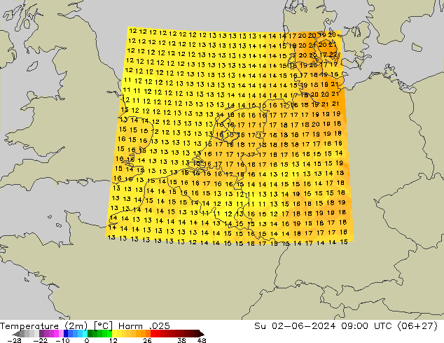 mapa temperatury (2m) Harm .025 nie. 02.06.2024 09 UTC