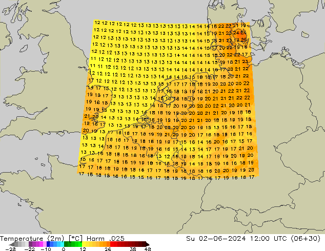 Temperaturkarte (2m) Harm .025 So 02.06.2024 12 UTC