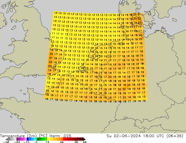 Temperaturkarte (2m) Harm .025 So 02.06.2024 18 UTC