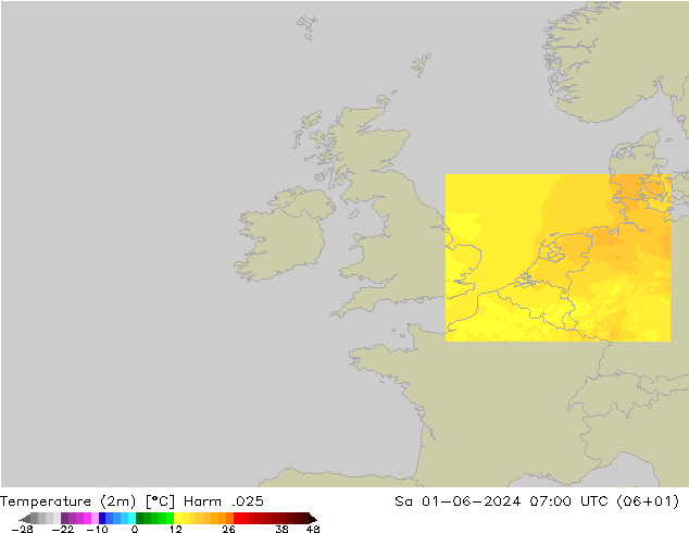mapa temperatury (2m) Harm .025 so. 01.06.2024 07 UTC
