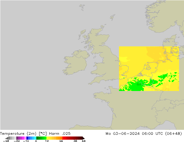 Temperatuurkaart (2m) Harm .025 ma 03.06.2024 06 UTC