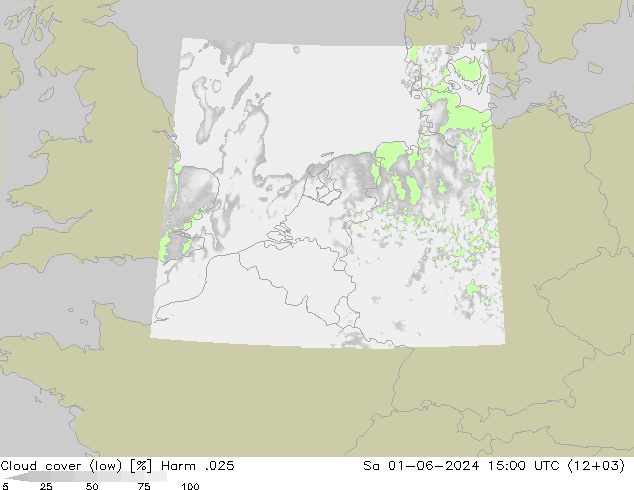 Cloud cover (low) Harm .025 Sa 01.06.2024 15 UTC