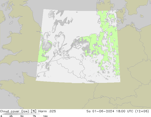 Cloud cover (low) Harm .025 Sa 01.06.2024 18 UTC