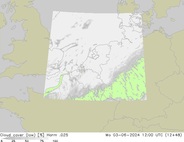 Cloud cover (low) Harm .025 Mo 03.06.2024 12 UTC