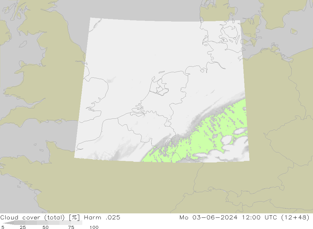 Cloud cover (total) Harm .025 Mo 03.06.2024 12 UTC