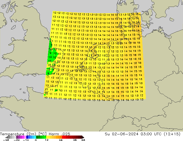 Temperatuurkaart (2m) Harm .025 zo 02.06.2024 03 UTC