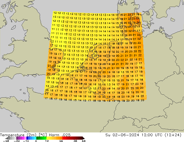 Temperatuurkaart (2m) Harm .025 zo 02.06.2024 12 UTC