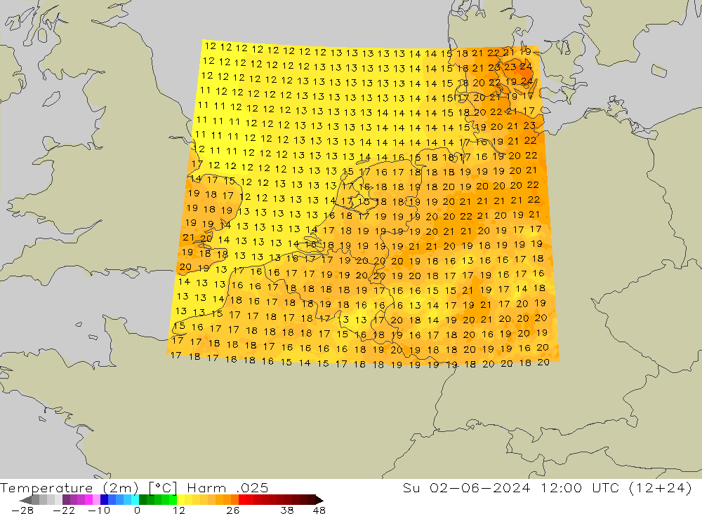 Temperatuurkaart (2m) Harm .025 zo 02.06.2024 12 UTC