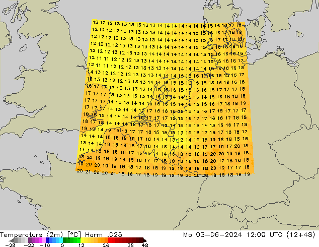 mapa temperatury (2m) Harm .025 pon. 03.06.2024 12 UTC