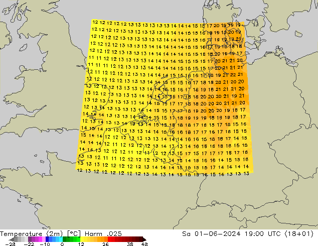 mapa temperatury (2m) Harm .025 so. 01.06.2024 19 UTC