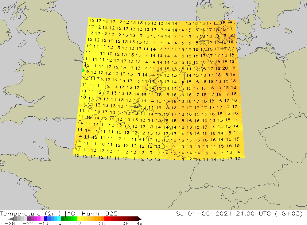 Temperatuurkaart (2m) Harm .025 za 01.06.2024 21 UTC