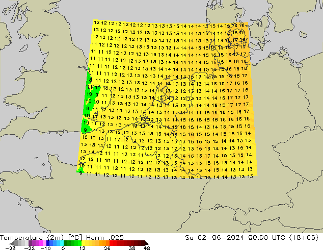 Temperature (2m) Harm .025 Su 02.06.2024 00 UTC