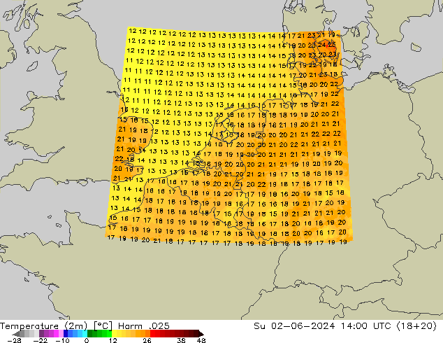 Temperatura (2m) Harm .025 Dom 02.06.2024 14 UTC