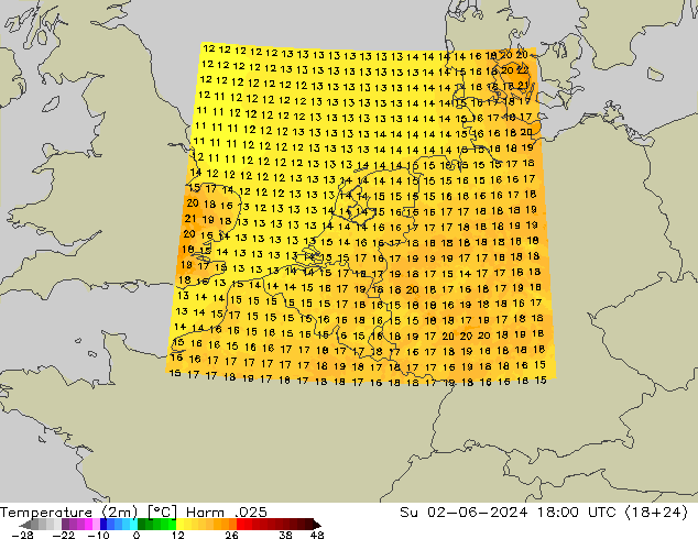 Temperatura (2m) Harm .025 dom 02.06.2024 18 UTC