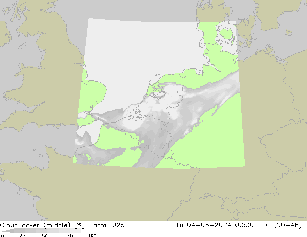 Cloud cover (middle) Harm .025 Tu 04.06.2024 00 UTC