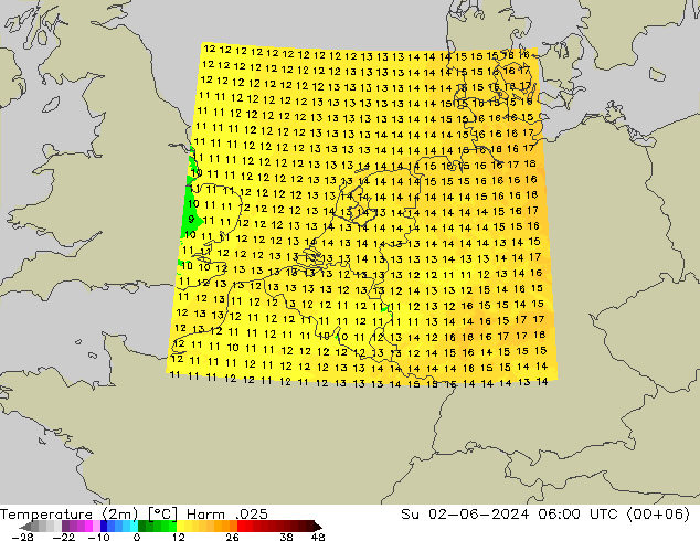 Temperatuurkaart (2m) Harm .025 zo 02.06.2024 06 UTC