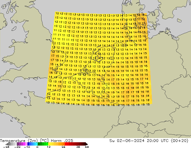 Temperatura (2m) Harm .025 Dom 02.06.2024 20 UTC