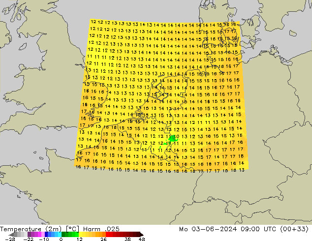 Temperatuurkaart (2m) Harm .025 ma 03.06.2024 09 UTC