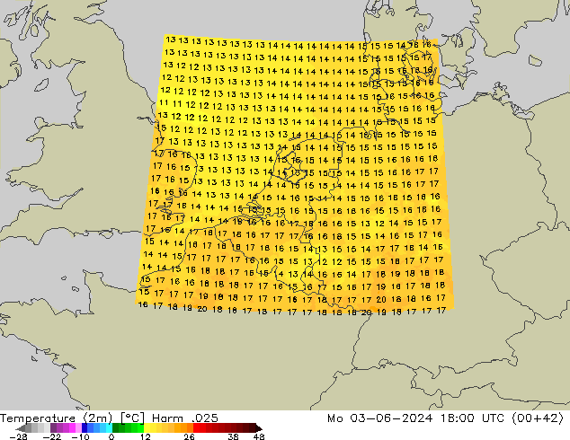 Temperaturkarte (2m) Harm .025 Mo 03.06.2024 18 UTC